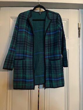 Talbots Green & Navy Plaid Open-Front Blazer Coat